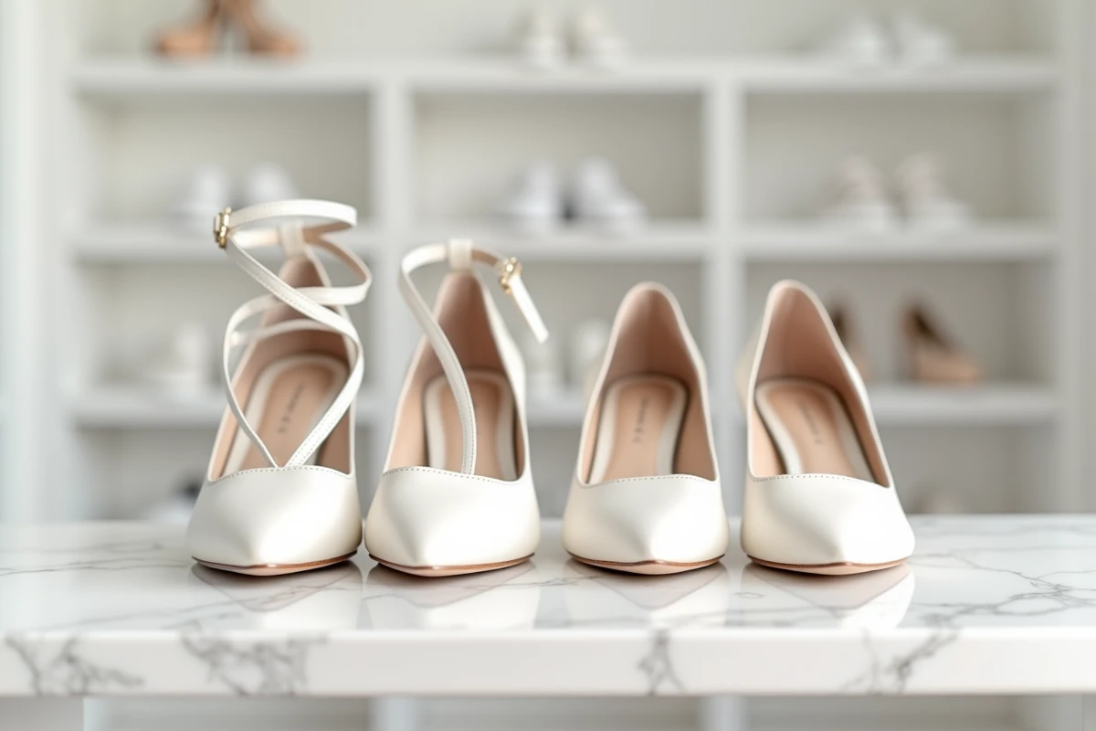 Deux paires de chaussures blanches de mariée côte à côte sur une étagère en marbre dans une boutique moderne, escarpins et ballerines élégants à petit prix