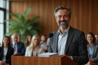 Homme d'âge moyen souriant derrière un podium lors d'une conférence