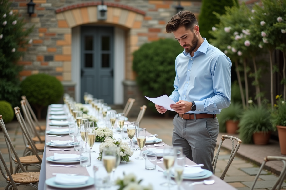 Jeune homme vérifiant une liste de contrôle sur une table de jardin extérieure