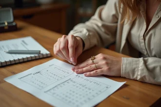 Femme comparant la taille d'une bague avec un guide de conversion des tailles de bague internationales posé sur un bureau en bois
