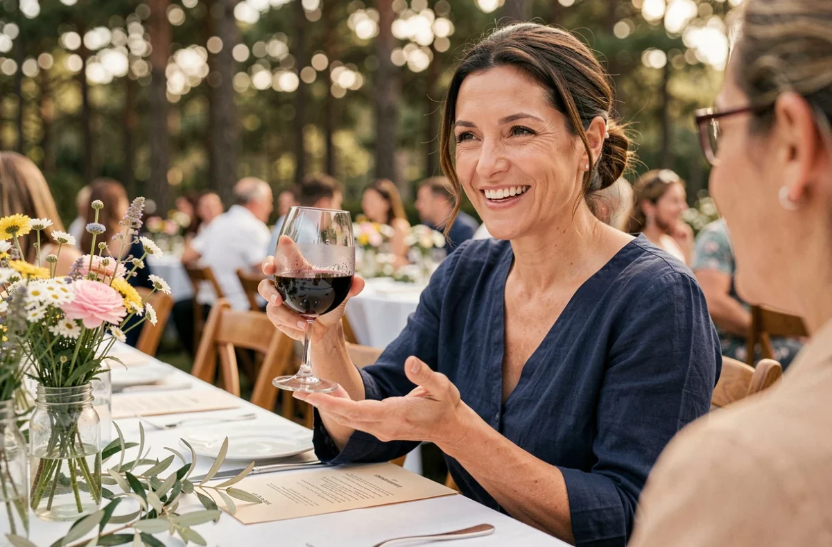 Femme souriante tenant un verre lors d'un repas en plein air convivial pour grand groupe
