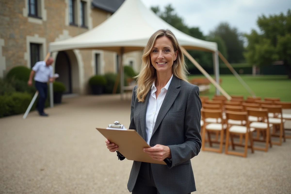 Coordinatrice de mariage supervisant la mise en place d'un domaine de réception en plein air