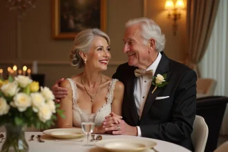 Couple agee en diner elegant pour anniversaire