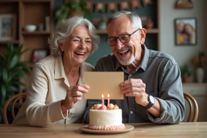Couple souriant avec invitation anniversaire chaleureuse