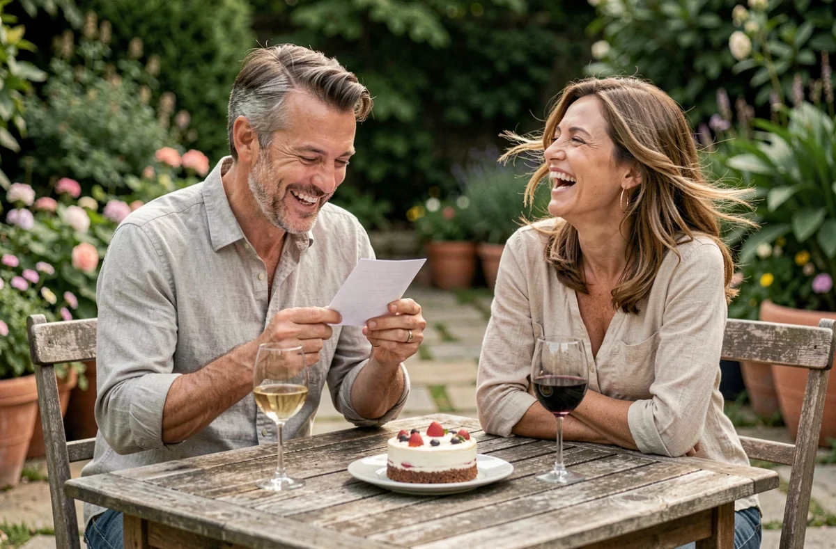 Couple qui célèbre leur anniversaire de mariage avec humour autour d'une table de jardin en riant