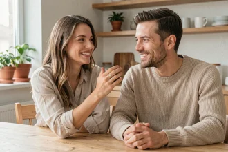 Couple célébrant leur PACS à la maison en montrant une bague d'engagement discrète et élégante