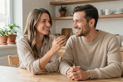 Couple célébrant leur PACS à la maison en montrant une bague d'engagement discrète et élégante
