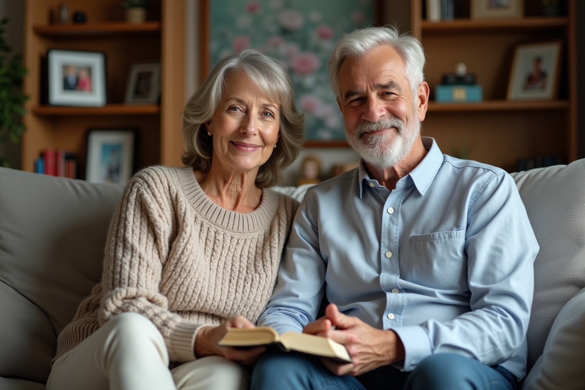 Couple marié souriant avec bible dans un salon chaleureux
