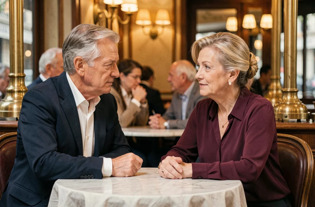 Couple élégant en conversation dans une brasserie parisienne au décor classique avec boiseries et cuivres