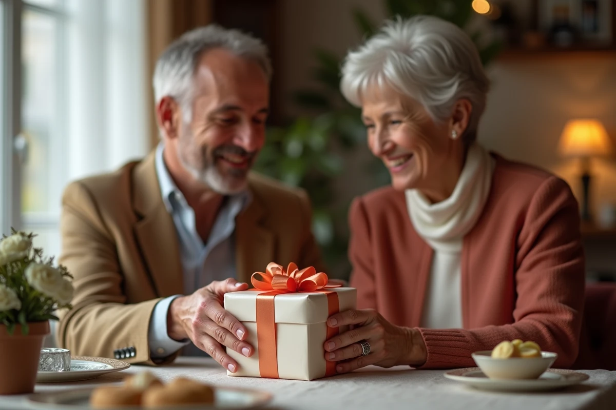 Couple élégant échangeant un cadeau lors d’un dîner intime