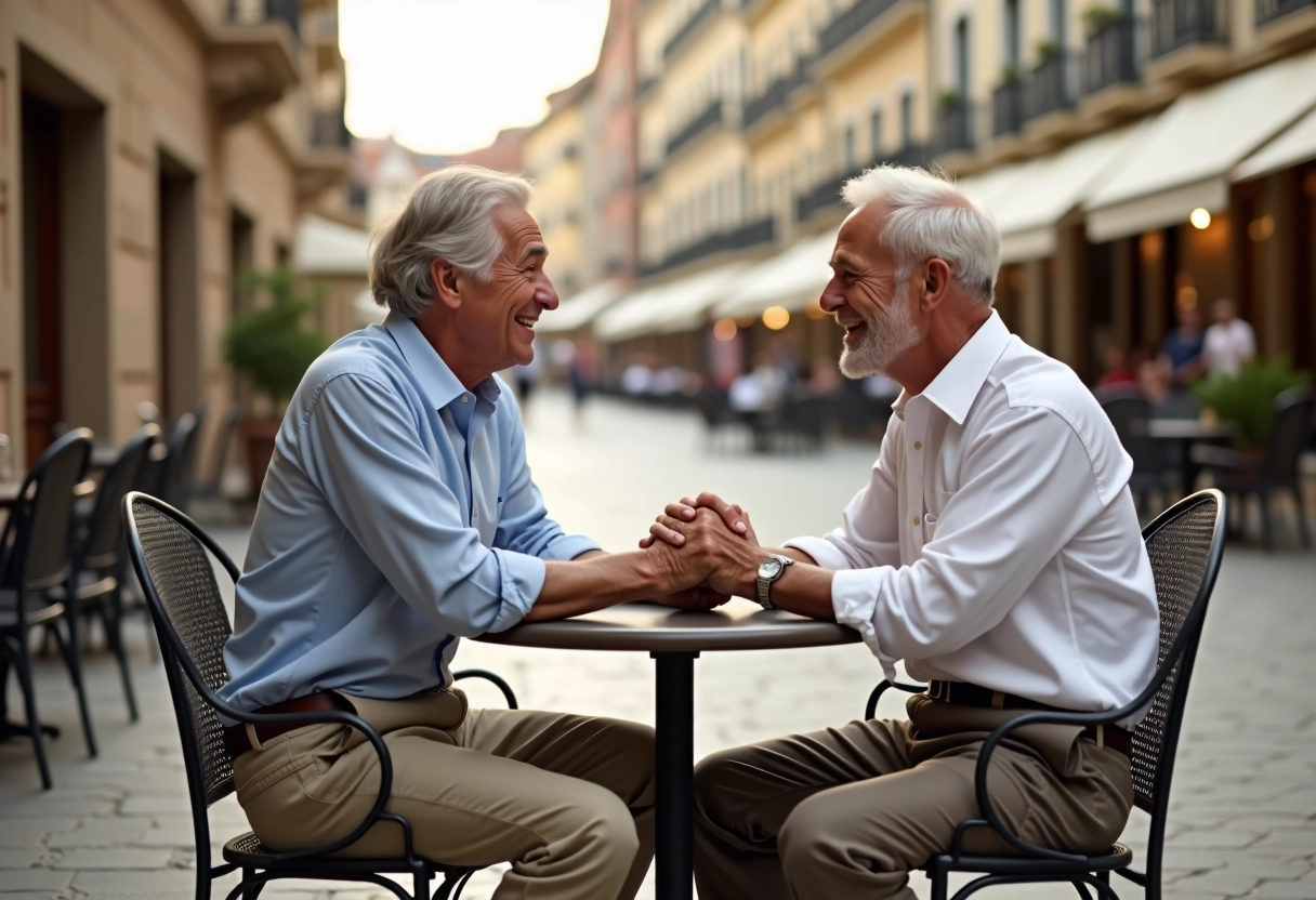Couple âgé partageant un moment romantique en terrasse en Europe
