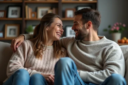 Couple souriant dans un salon chaleureux et cosy