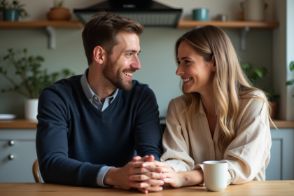 Couple assis à la cuisine avec expressions réfléchies