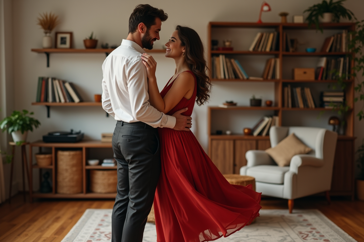 Couple dansant dans un salon chaleureux et élégant