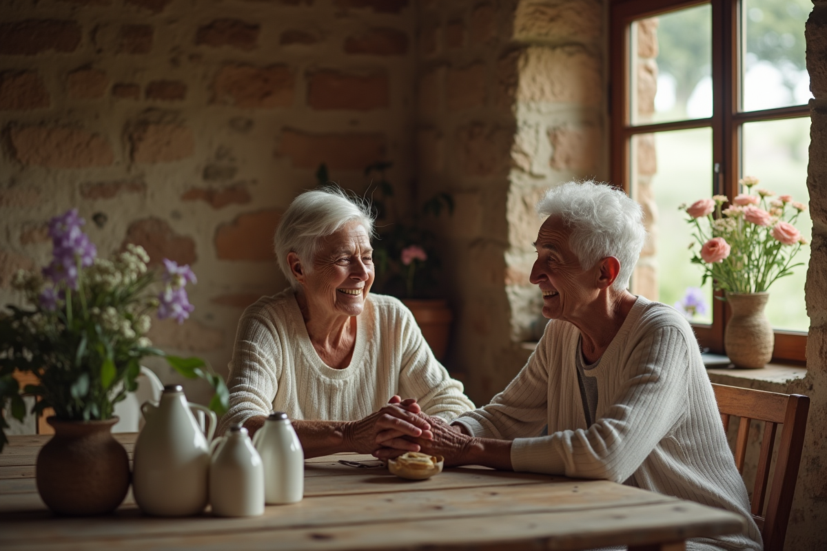 Couple âgé souriant assis à une table rustique en intérieur