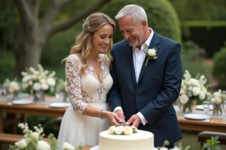 Couple mature coupant leur gâteau de mariage lors d'une réception en jardin pour un second mariage