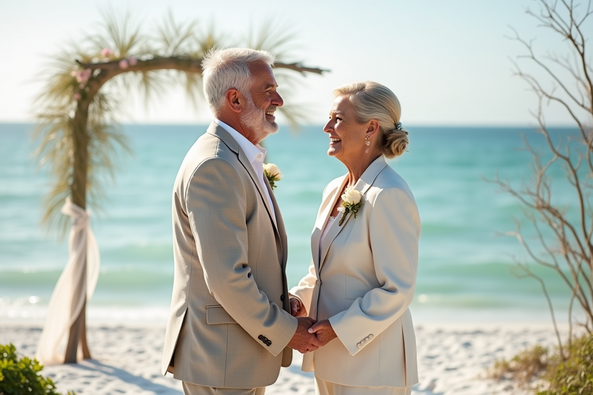Couple gay âgé riant lors de leur mariage à la plage