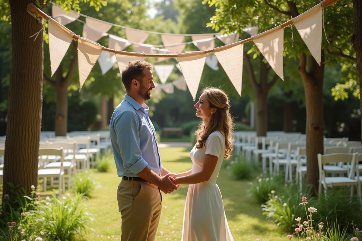Couple accrochant guirlandes de mariage dans le jardin