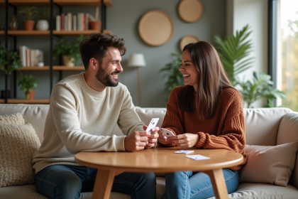Couple souriant jouant aux cartes dans un salon chaleureux