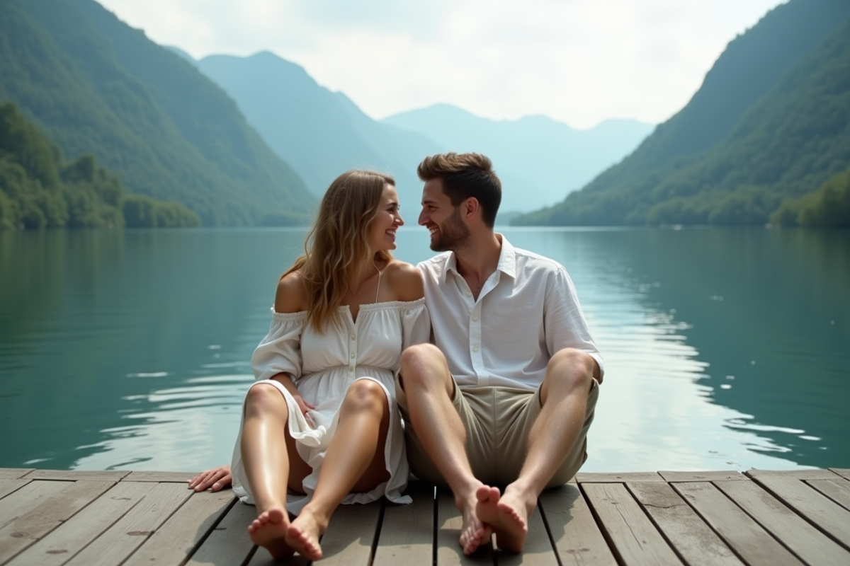 Couple assis sur un ponton au bord d’un lac paisible