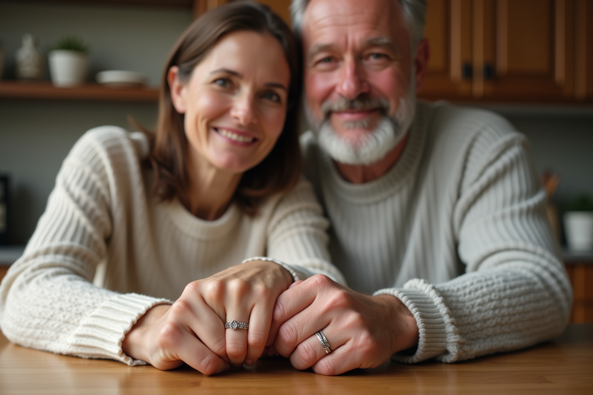 Couple avec bagues de mariage sur la table de cuisine chaleureuse