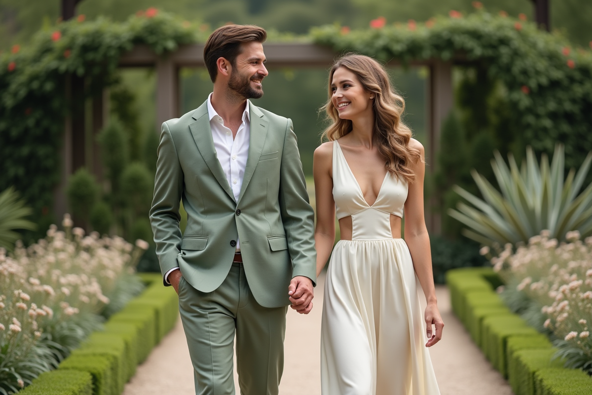 Couple marié dans un jardin botanique en tenue élégante