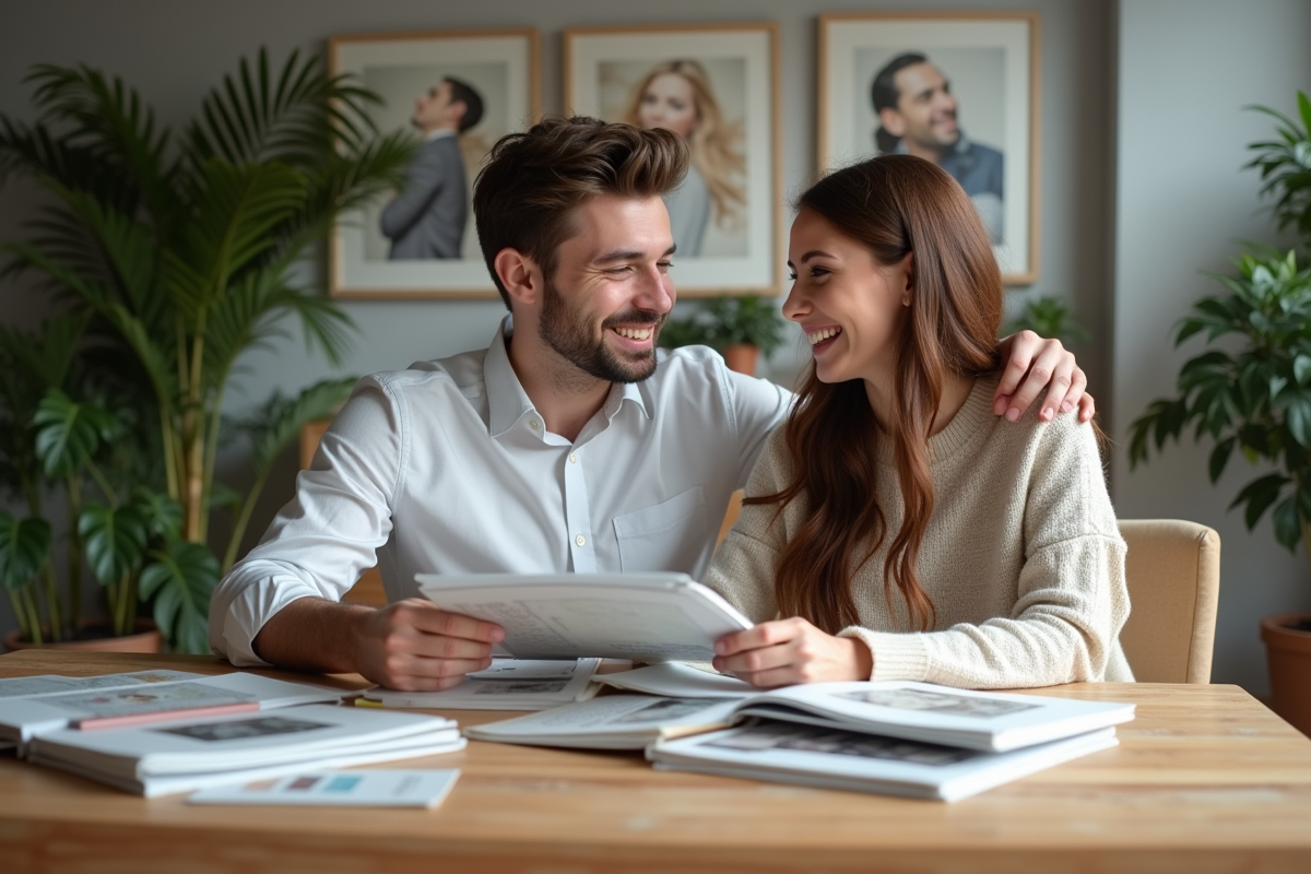 Jeune couple discute de thèmes de mariage à la maison