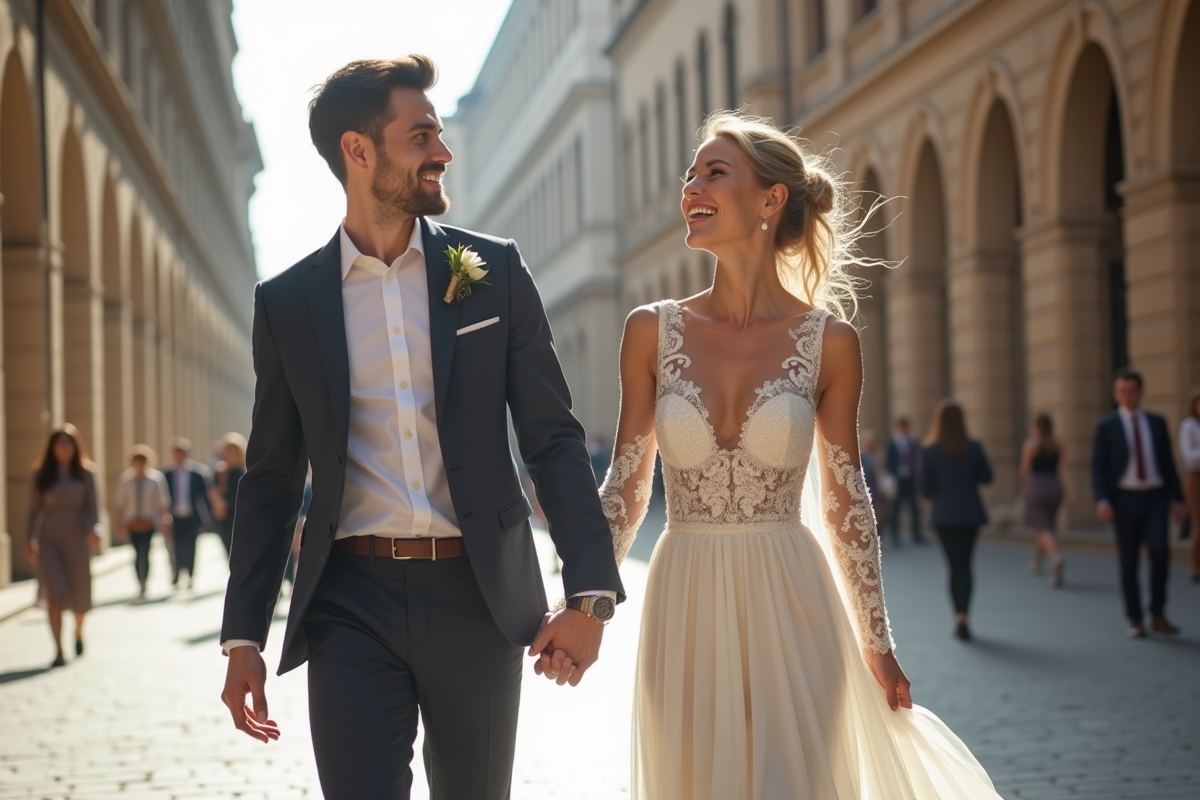 Jeune couple marié dans une ville européenne historique