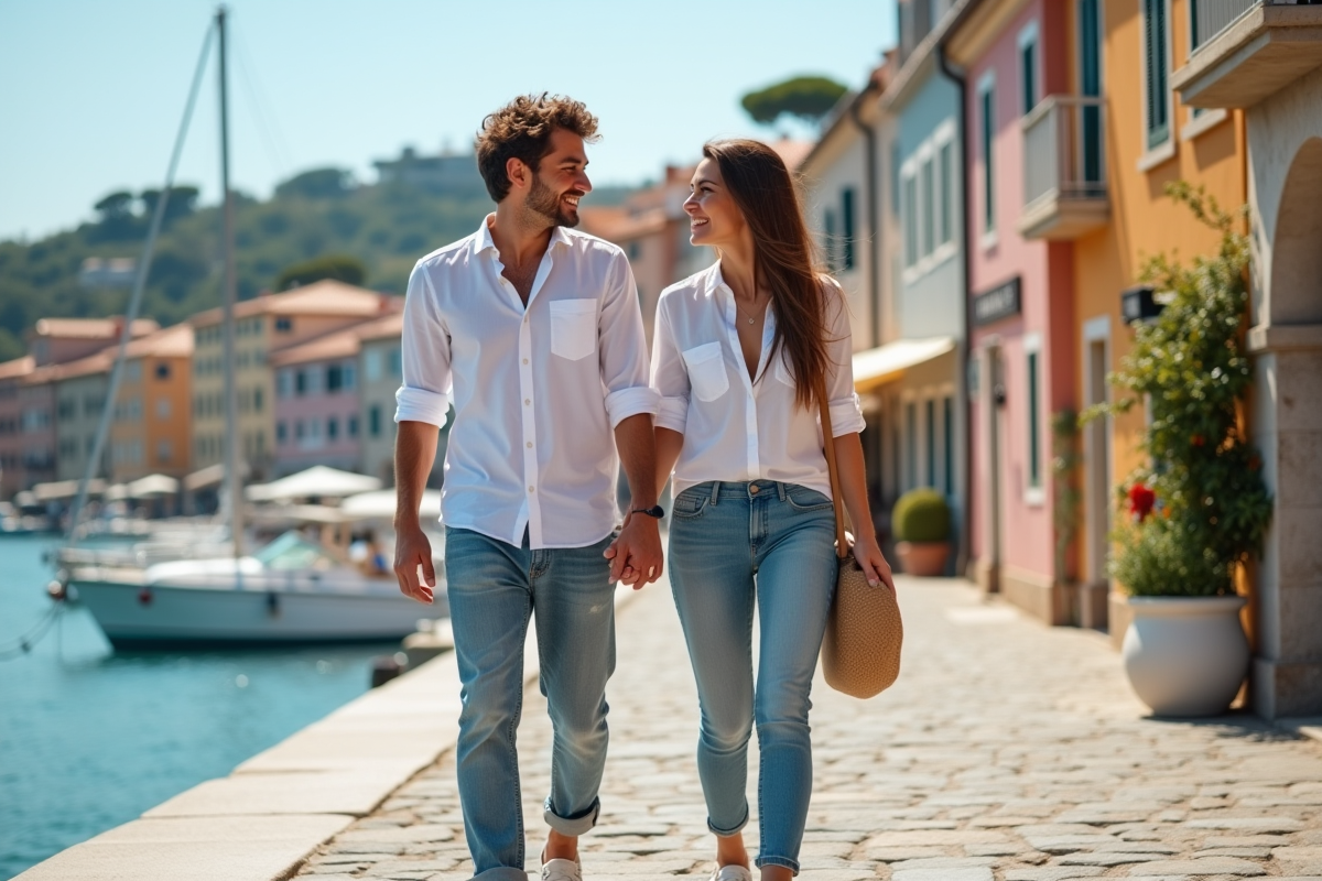 Jeune couple main dans la main sur la promenade en bord de mer