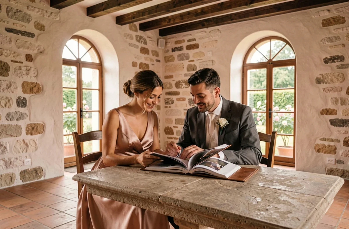Couple de mariés consultant un album photo de mariage dans une villa basque élégante à Biarritz