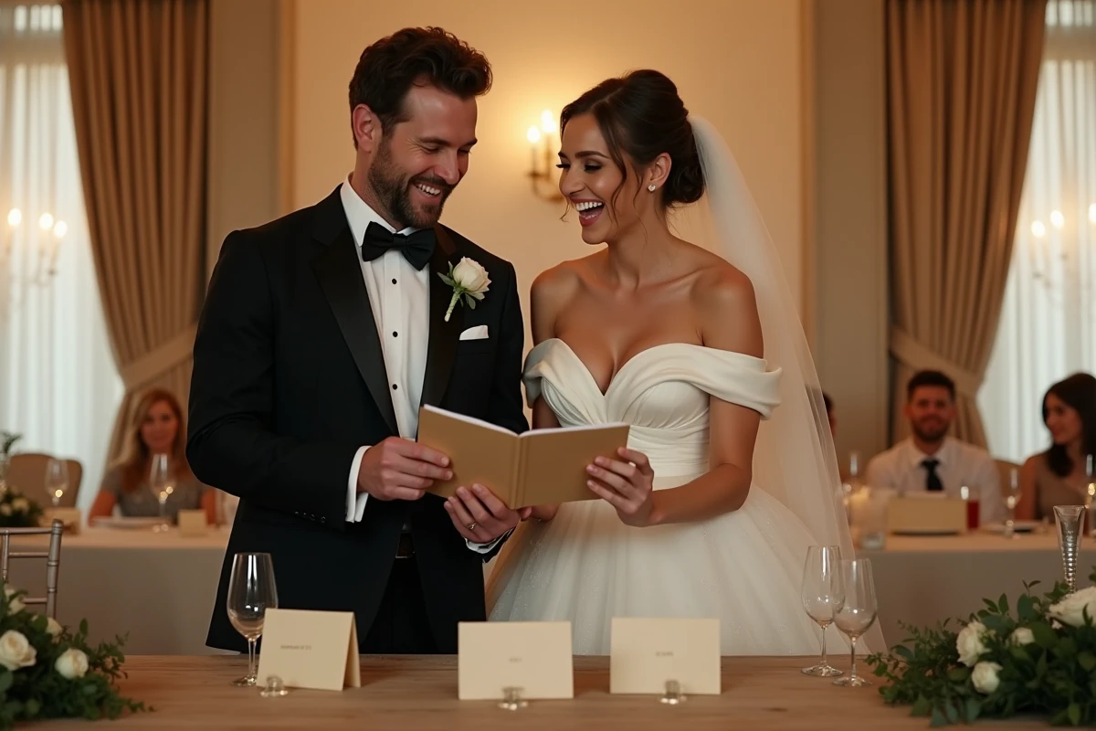 Couple de mariés riant aux éclats en lisant une carte de félicitations humoristique lors de leur réception de mariage