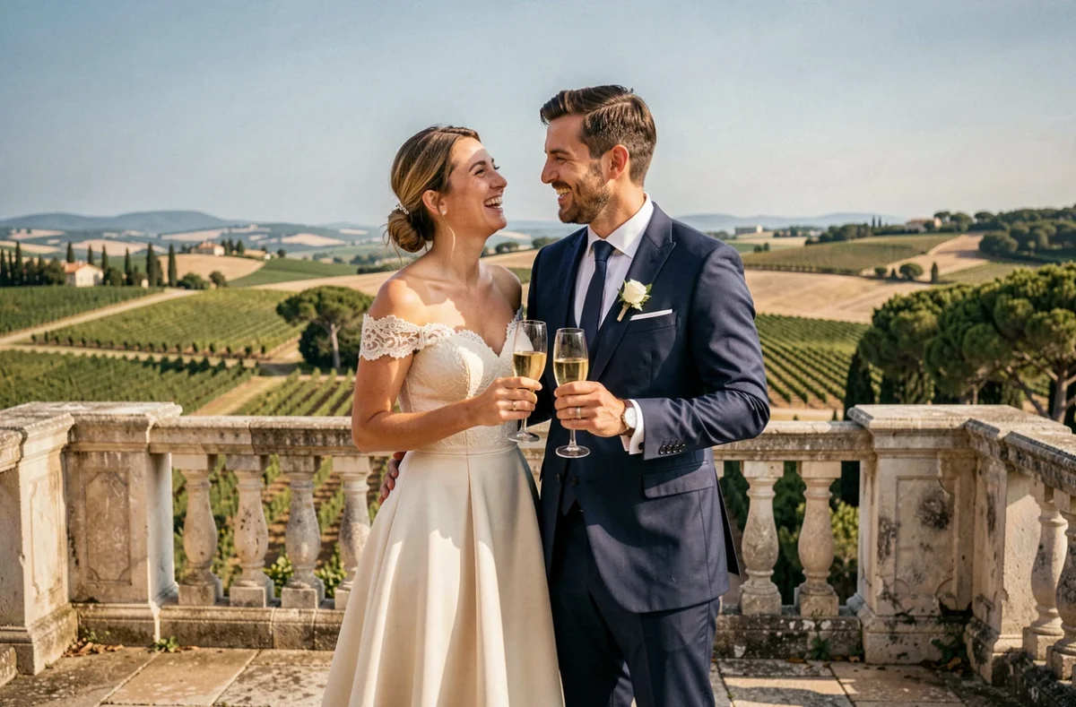 Couple de mariés élégants sur la terrasse d'un château de luxe dans le Var avec vue panoramique sur les vignes provençales
