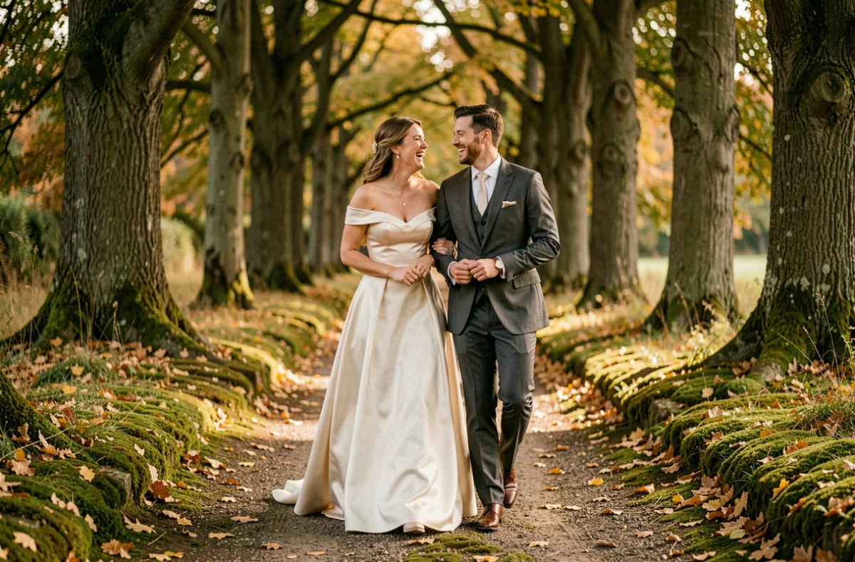 Couple de mariés marchant dans un bois breton lors d'une séance photo de mariage en Ille-et-Vilaine