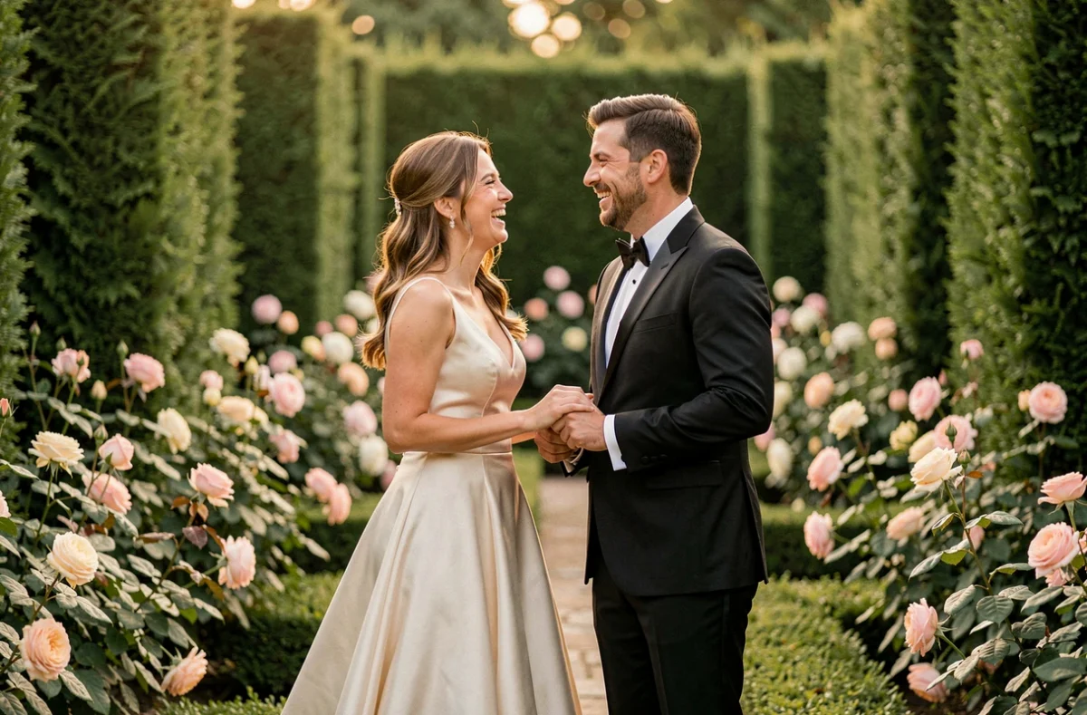 Couple de mariés souriant dans un jardin fleuri, photographie de mariage naturelle et candide