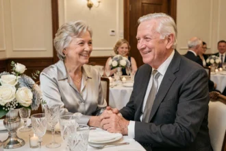 Couple de personnes âgées fêtant leurs 70 ans de mariage avec une décoration de table aux tons platine et des roses blanches