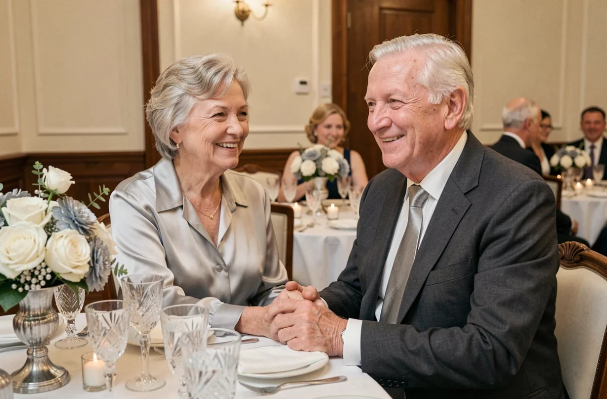 Couple de personnes âgées fêtant leurs 70 ans de mariage avec une décoration de table aux tons platine et des roses blanches
