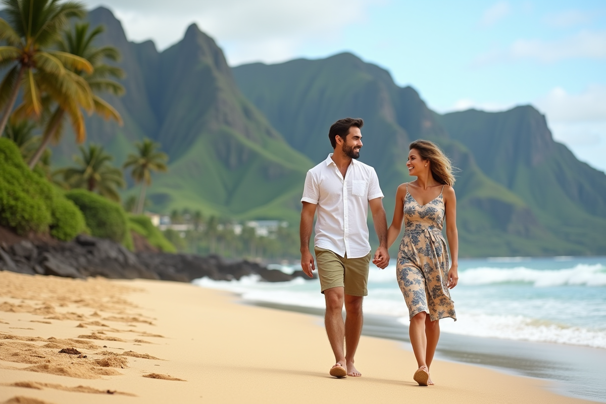 Couple souriant sur la plage de Kauai en été