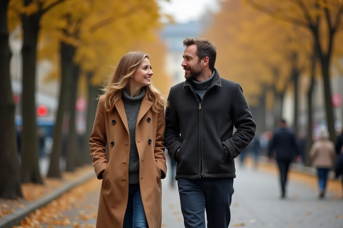 Couple se promenant sur un boulevard parisien en automne, vêtements décontractés et atmosphère complice