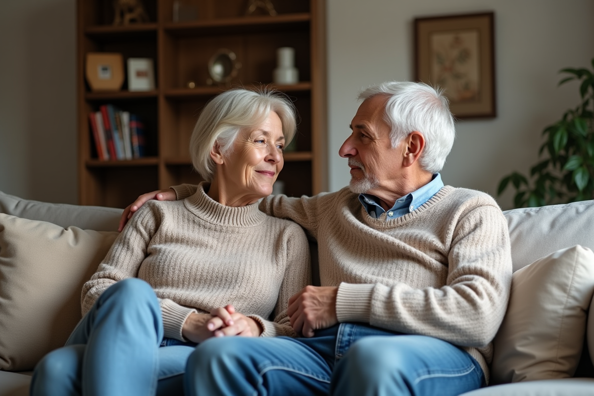 Couple assis sur un canapé dans un salon cosy