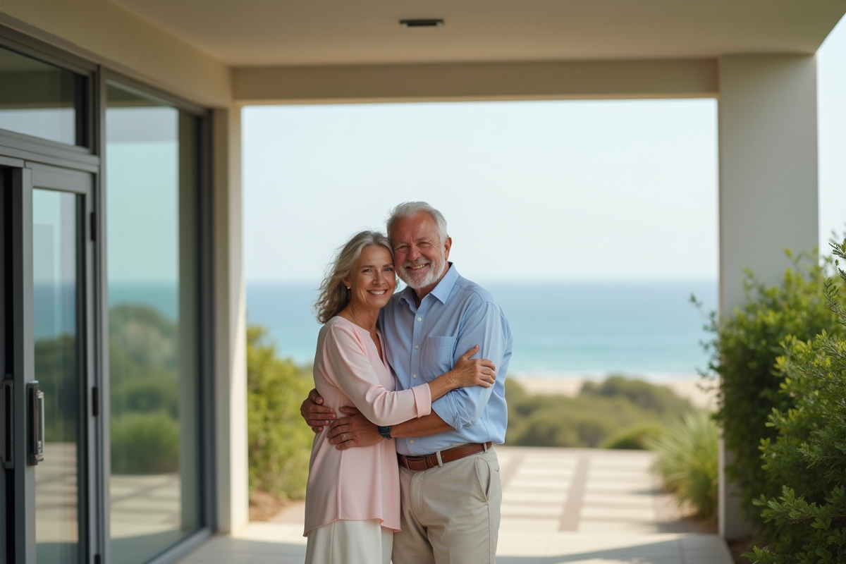 Vieux couple se tenant par la main devant un bureau de mariage côtier