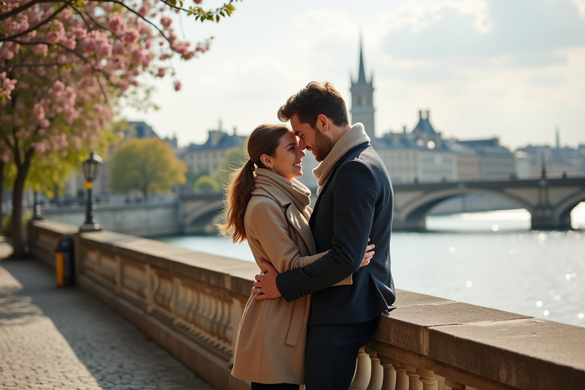 Jeune couple à Paris partageant un moment intime sur la Seine