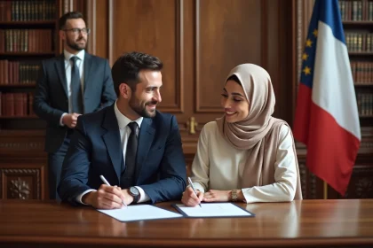Couple mixte signant un document officiel à la mairie