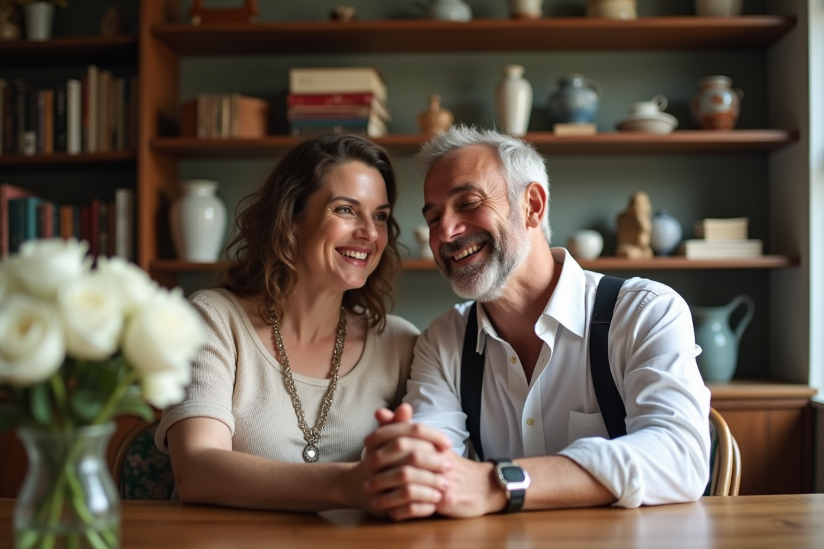 Couple souriant assis à une table en bois élégante