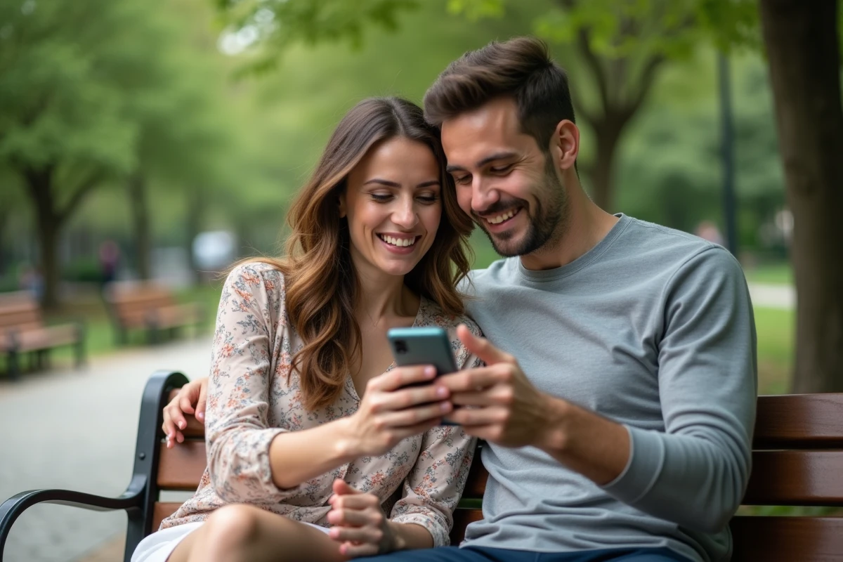 Couple souriant découvrant leur résultat de compatibilité amoureuse par prénom sur un banc de parc