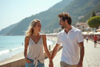 Jeune couple souriant en promenade au bord de mer