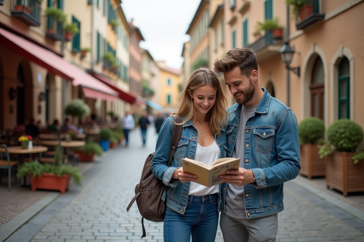 Jeune couple voyageant dans une ville européenne charmante