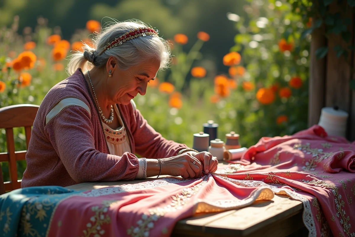 Couturiere romani cousant des perles sur une robe