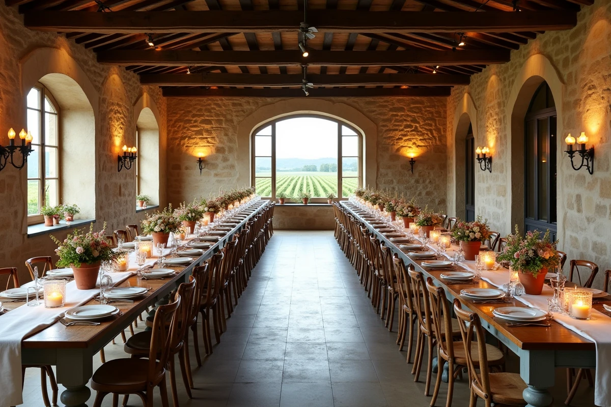 Salle de réception décorée pour un mariage dans un domaine avec des tables en bois et des murs en pierre