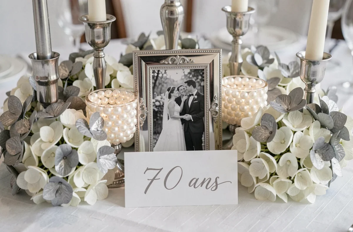 Décoration de table anniversaire noces de platine avec cadre gravé, fleurs blanches et bougeoirs nacrés