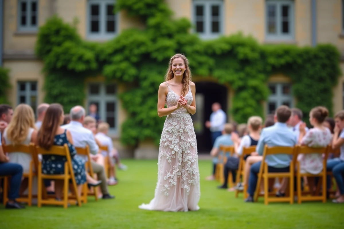 Demoiselle d'honneur animant un jeu improvisé en plein air pour des invités assis sur la pelouse lors d'un mariage au château